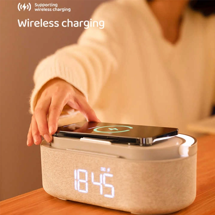 Multifunctional Time Clock Alarm Clock Dimming LED Mood Lighting Speaker 15W Wireless Charger