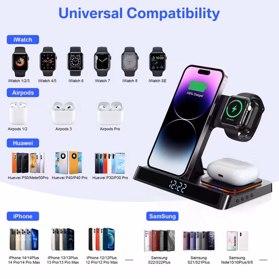 FCC Qi Reloj despertador digital 4 en 1 Estación de carga con soporte de cargador inalámbrico Apple con LED para iPhone/iWatch/Airpods