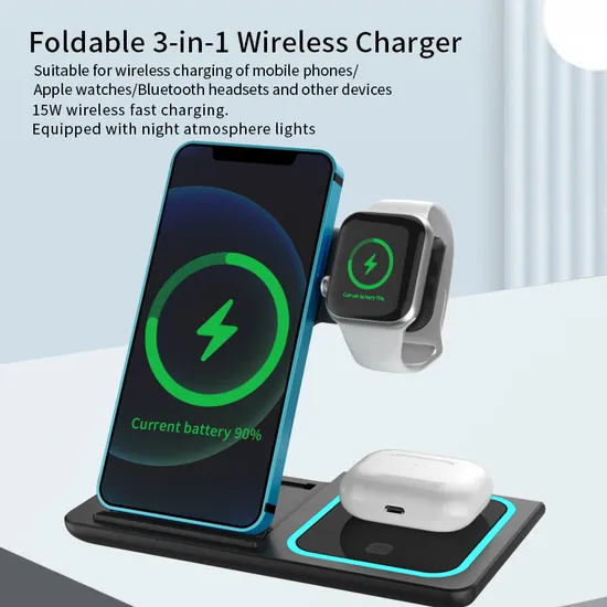 Qi de carga plegable rápido 15W 3 en 1 soporte inalámbrico del cargador de Qi del teléfono inalámbrico